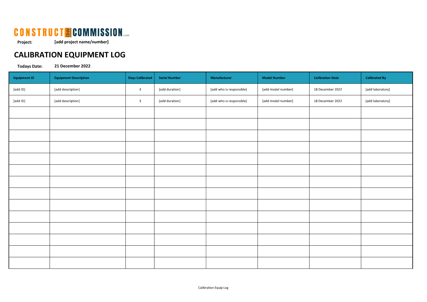 Equipment Calibration Log Template [Excel]