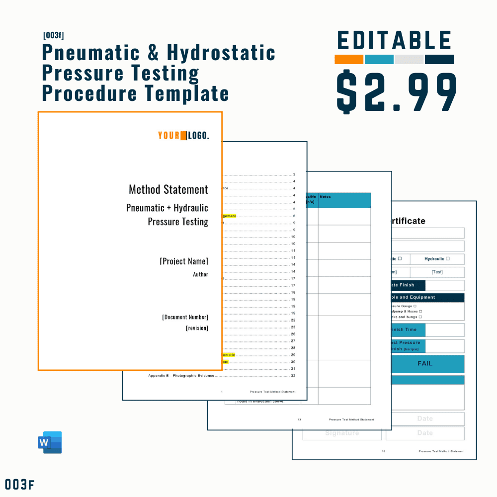 Pneumatic & Hydrostatic Pressure Testing Method Statement Template [MS Word]