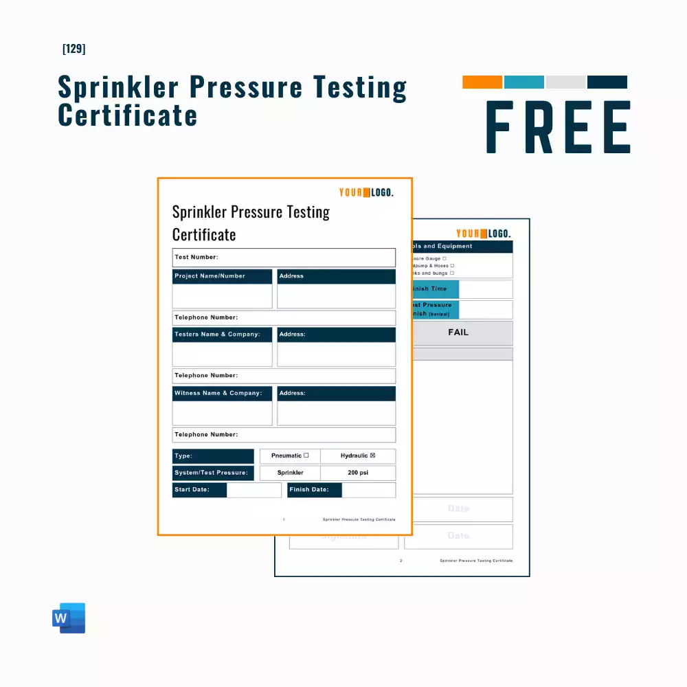 Sprinkler Pressure Testing Certificate Template [MS Word]